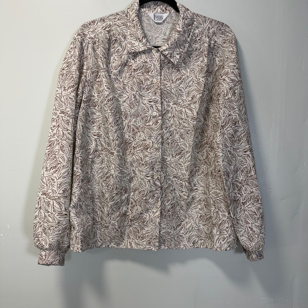 Cricket Lane Vintage 80s Tan Brown Leaf Print Button Up Blouse Made in USA